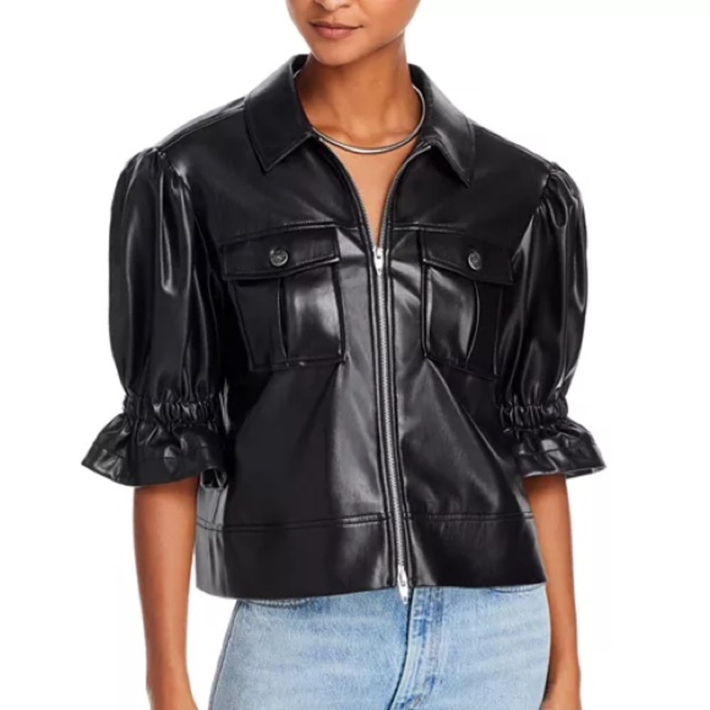 NWOT Cinq a Sept Holly Croppd Vegan Leather Jacket in Black Size S
